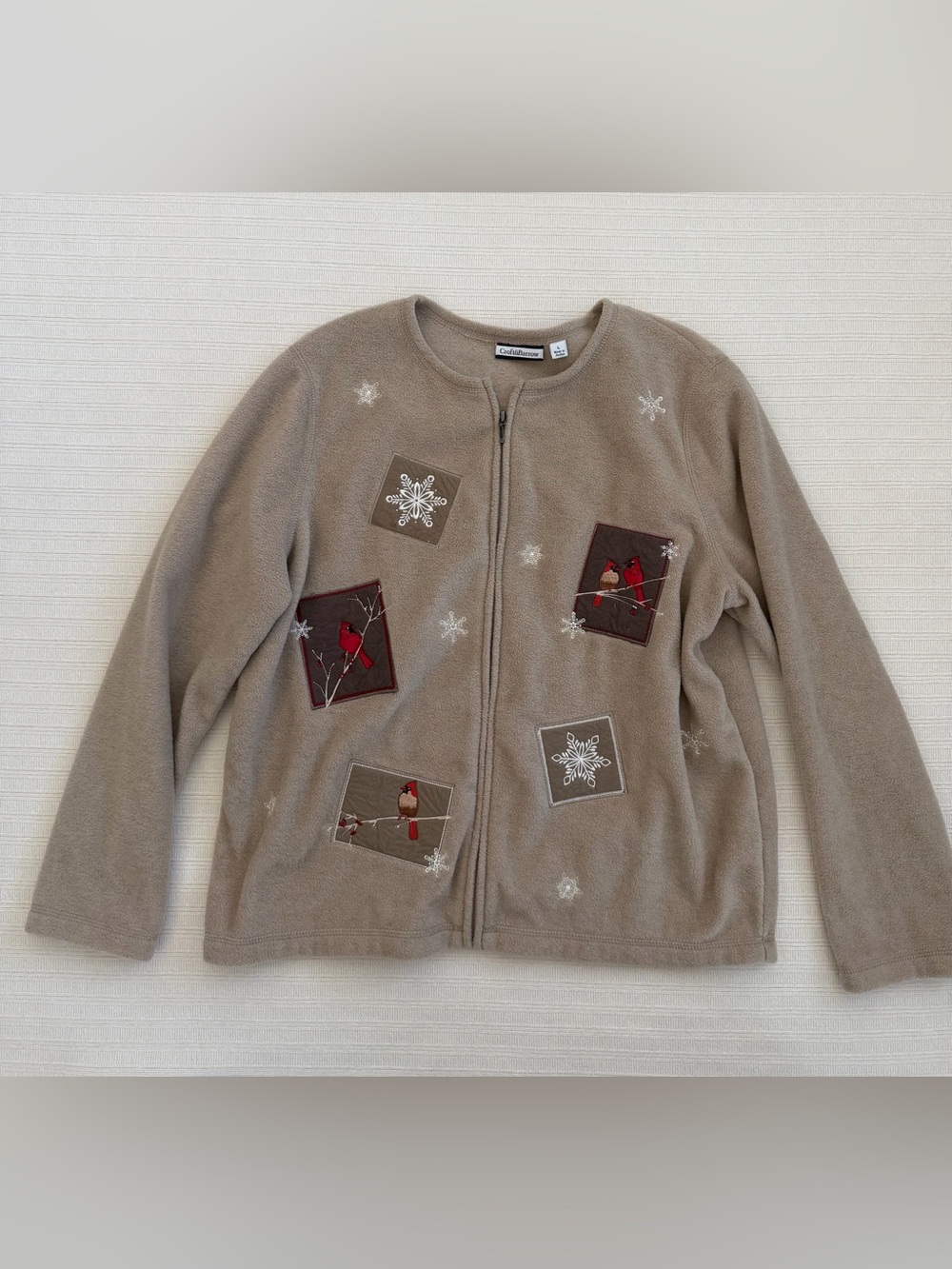 croft & barrow Taupe Fleece Jacket with Cardinal & Snowflake Appliqués